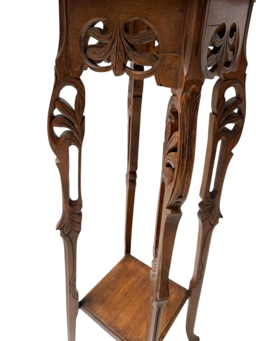 Art Nouveau Pedestal Plant Stand, Hand-Carved Beech & Marble, 1900s